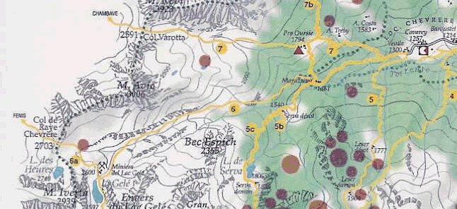 Cartina del Parco Naturale del Mont
Avic, con la zona interessata allescursione
<Gentile concessione della Direzione del
Parco Naturale Mont Avic>
(86943 bytes)